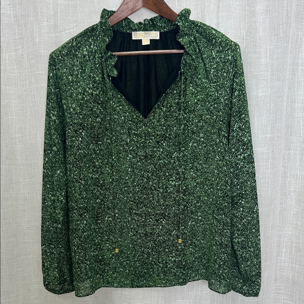 Michael Kors Green Ruffled Neck Long Sleeve Top Size Medium Excellent Condition